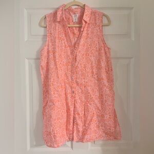Sigrid Olsen sleeveless button down linen tunic shirt top coral pink shells M
